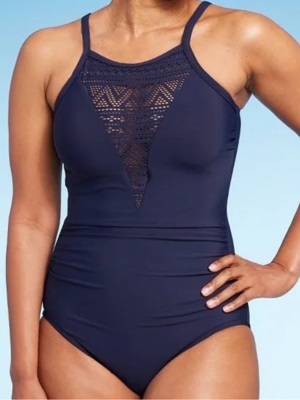 NWT Aqua Green Womens UPF 50 Crochet High Neck One Piece Swimsuit True NAVY